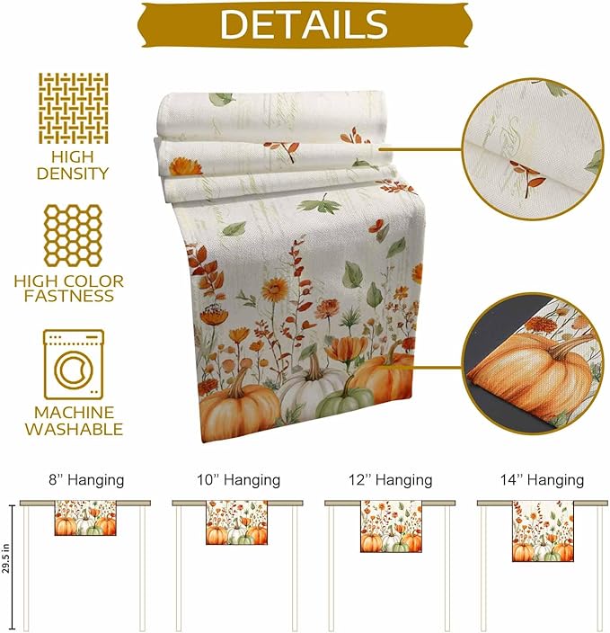 Fall Wildflowers Cotton Linen Table Runner for Dining Kitchen, Thanksgiving Pumpkin Outdoor Party Rustic Tablerunners Decoration, Botanical Floral Vintage Dresser Scarf Tablecloth Runners 13x48 Inches