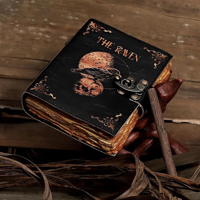 Leather Gothic Journal Magical Raven Skull Spiral Notebook Mystery Crow Journal Grimoire Witchcraft Spellwork Journal Great for Halloween and Raven Lovers Aesthetic Leather Journal for Men and Women (8 x 6 inches)