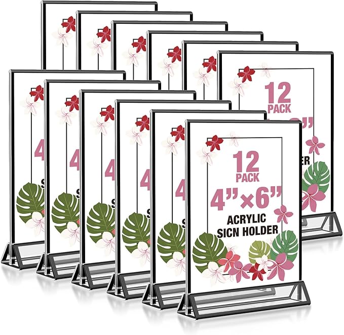 Acrylic Black Sign Holders 4x6, 12 Pack Wedding Black Table Number Holders, Double Sided Photo Display Picture Frame Paper Stand, Clear Flyer Stand Menu Holder for Wedding, Home, Party, Restaurant