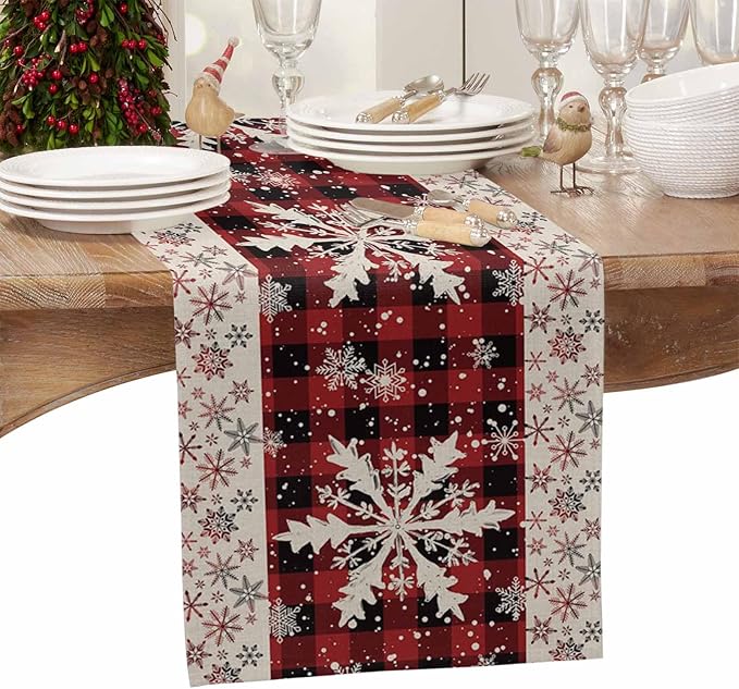 Buffalo Plaid Christmas Cotton Linen Table Runner for Dining Kitchen, Snowflake Red Black Check Wedding Outdoor Party Tablerunner Decoration, Retro Dresser Scarf Coffee Tablecloth Runners 13x72 Inches