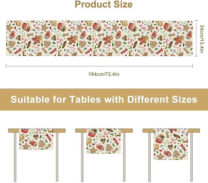 Christmas Table Runner, Christmas Gingerbread New Year Xmas Table Cloth Kitchen Dining Table Decoration for Home Party Decor 13x36 Inch