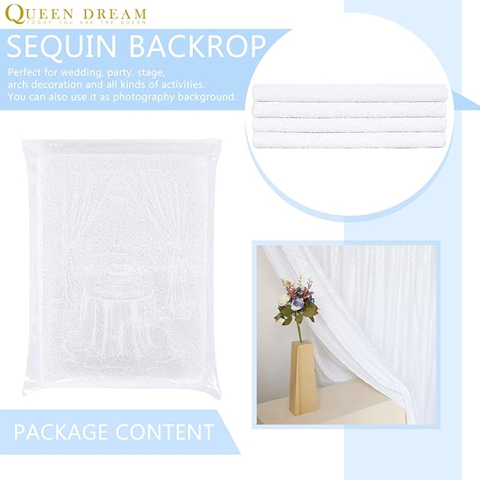 White Sequin Backdrop 2 Panels Curtains 2FTx8FT Party Backdrop Glitter Birthday Wedding Curtains Sparkle Photo Background
