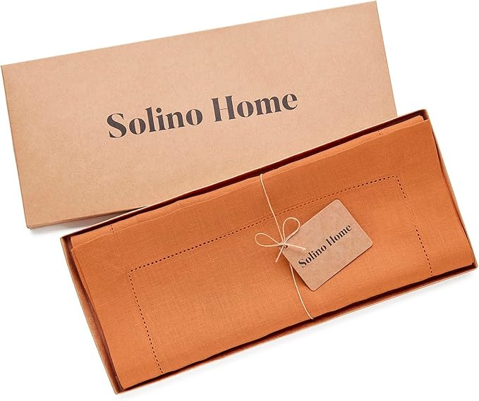 Solino Home Linen Pumpkin Hemstitch Table Runner 36 Inches - 100% Pure Linen Small Table Runner 14 x 36 Inch Ideal for Dresser and Coffee Tables - Classic Hemstitch - Fall, Halloween, Thanksgiving