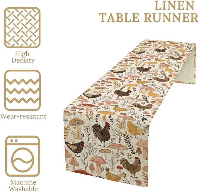 Mushroom Table Runner,Retro Natural Plant Famhouse Table Runner for Kitchen Dining Table Home Party Decoration 13x36 Inch