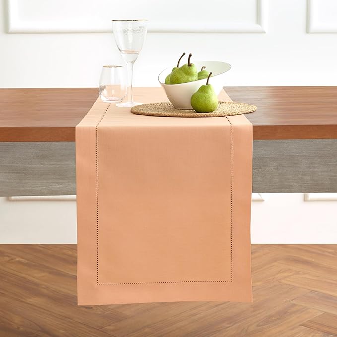 Solino Home Table Runner 120 Inches Long - Cotton Linen Hemstitch Peach Bloom Table Runner 14 x 120 Inch