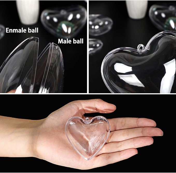 Jishi Clear Plastic Heart Ornaments 10-Pack Christmas Ornament Fillable Balls for DIY Crafts, Christmas Tree Decorations, Wedding Party, Xmas Holiday Home Decor, Open Decorative Hanging Ornaments 65mm
