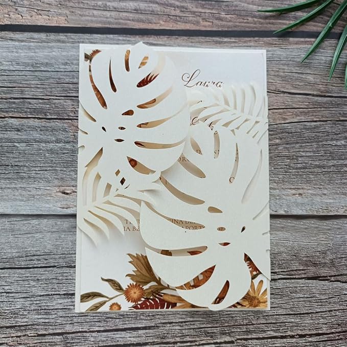 MillaSaw 20pcs Palm Wedding Invitations Cards with Envelopes, for Wedding Bridal Shower Quinceañera Engagement Birthday Invites, Pearl Ivory (ivory)