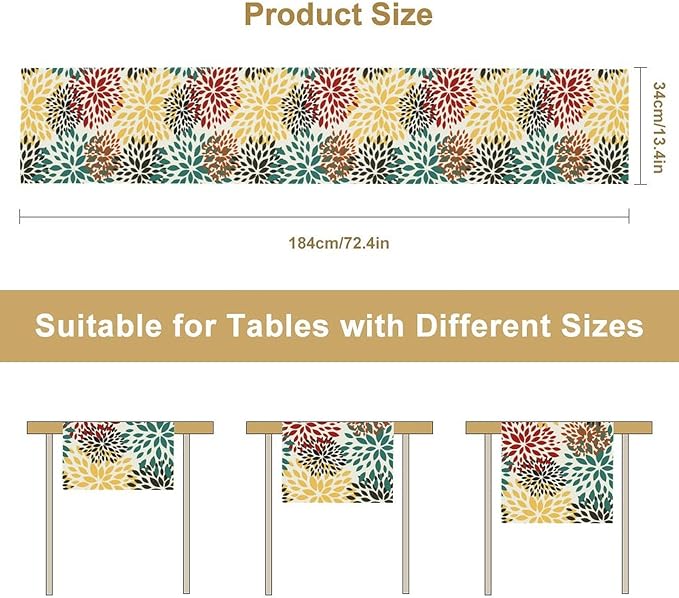 Green Red Dahlia Flower Table Runner Chrysanthemum Geometric Kitchen Dining Bedroom Living Room Table Decor for Indoor Outdoor Home Party, 13x70 Inch