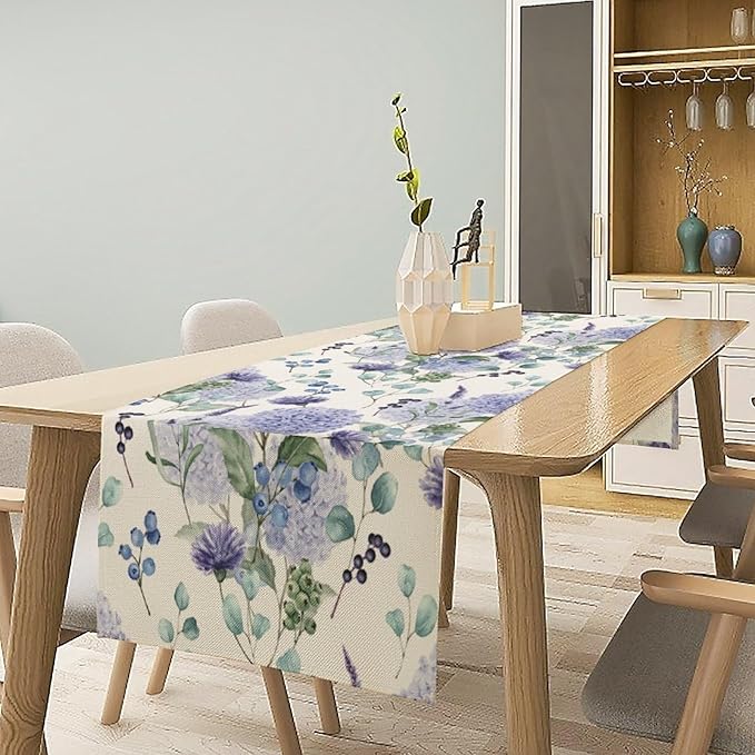 Spring Hydrangea Flower Table Runner, Seasonal Summer Plants Watercolor Eucalyptus Leaves Purple Florals Dinner Runner for Home Kitchen Dining Table Party Holiday Decoration 13"x60"