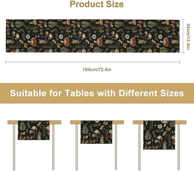 Mushroom Table Runner,Retro Forest Plant Table Runner for Kitchen Dining Table Home Party Decoration 13x120 Inch