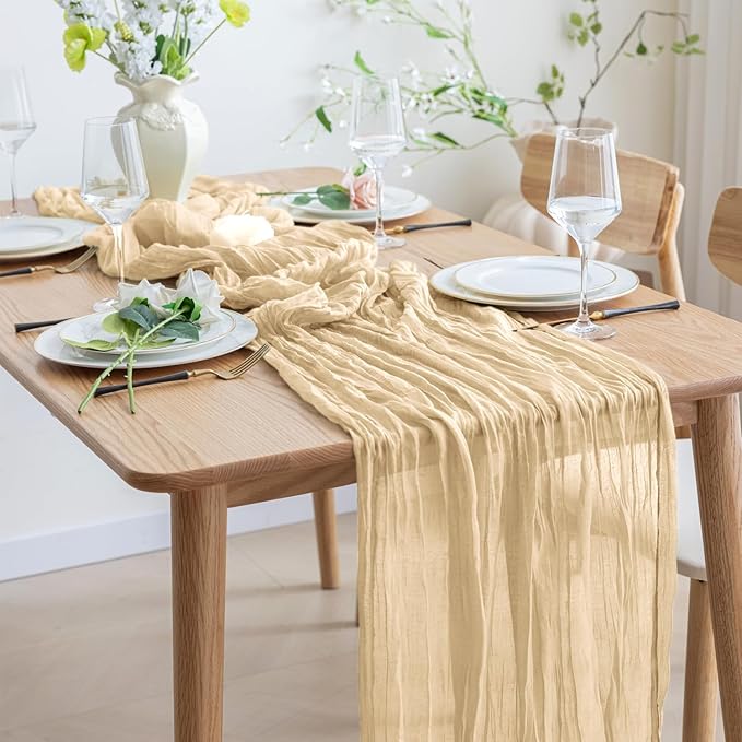 Asee'm 2pcs Cheesecloth Table Runner 120 Inches Long Sand Boho Gauze Cheese Cloth Runner 10FT Rustic Sheer Table Runners for Christmas Wedding Party Baby Shower Spring Easter Decoration