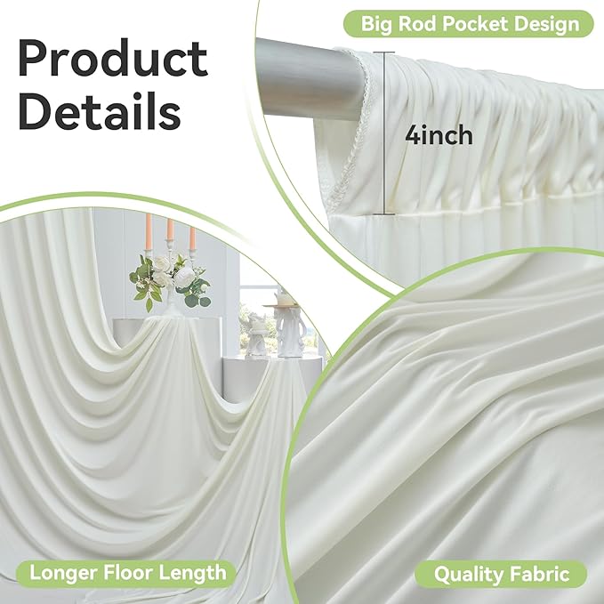 leegleri 50ftx12ft Wrinkle Free Ivory Backdrop Curtain, 10 Panels 12FT Height Ivory Wedding Backdrop Drapes, Silky Polyester Back Drop Cloth for Birthday Photography Background Party Backdrop Draping