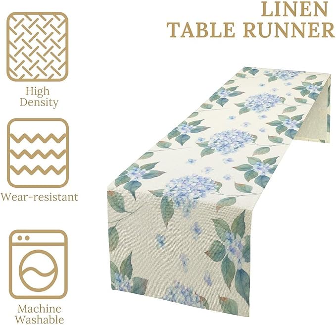 Spring Hydrangea Flower Table Runner, Seasonal Summer Plants Watercolor Blue Florals Dinner Runner for Home Kitchen Dining Table Party Holiday Decoration 13"x108"
