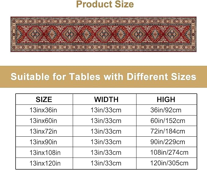 Boho Floral Vintage Table Runner, Red Grey Retro Flower Rustic Country Farmhouse Abstract Pattern for Home Kitchen Table Decor Dining Coffee Room Party Decor 13x72in