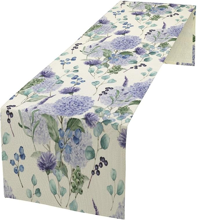 Spring Hydrangea Flower Table Runner, Seasonal Summer Plants Watercolor Eucalyptus Leaves Purple Florals Dinner Runner for Home Kitchen Dining Table Party Holiday Decoration 13"x90"