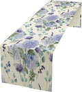 Spring Hydrangea Flower Table Runner, Seasonal Summer Plants Watercolor Eucalyptus Leaves Purple Florals Dinner Runner for Home Kitchen Dining Table Party Holiday Decoration 13"x108"
