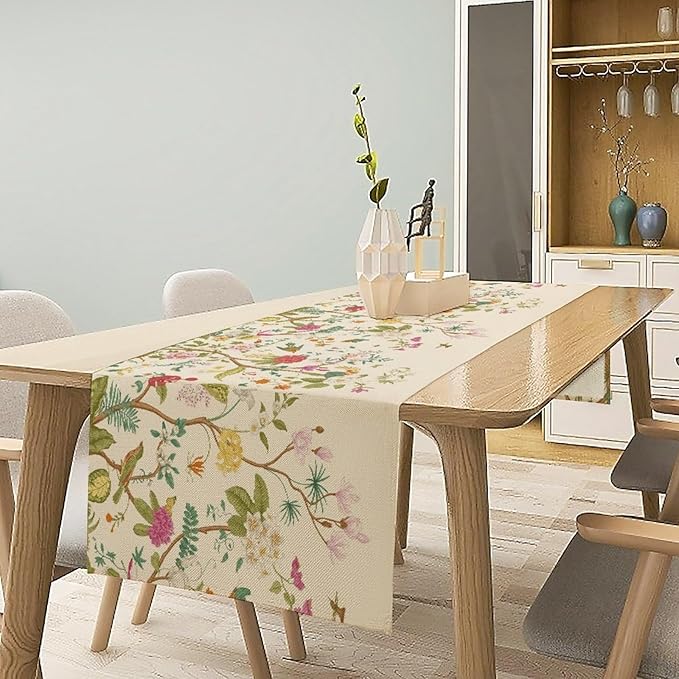 Floral Table Runner, Vintage Birds Wildflowers Herbs Nature Theme Linen Long Table Kitchen Dining Table Holiday Party Decorative Table Runner,13in（33cm） W * 72in（184cm） L