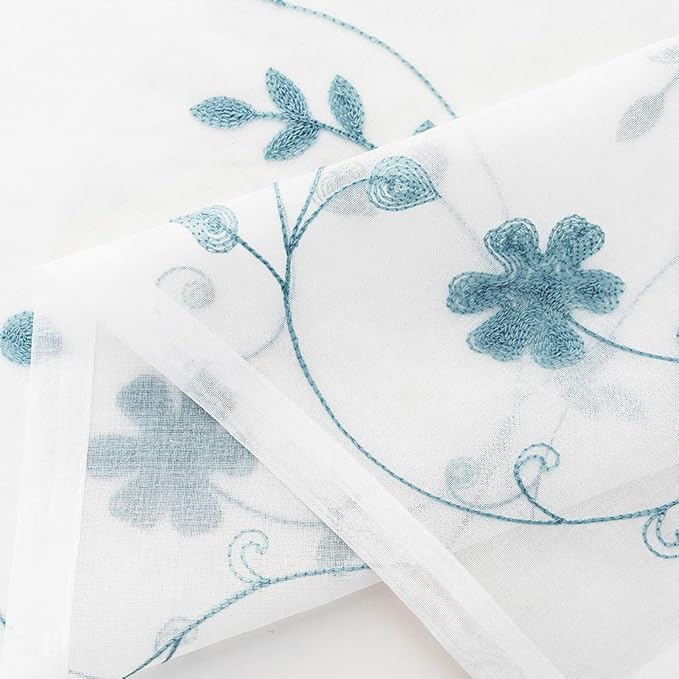 Floral Embroidery Sheer Curtains Blue 95 Inches Long, Window Treatments Rod Pocket Drapes for Living room, Bedroom, Semi Crinkle Voile Curtain Panels for Yard, Patio, Villa, Parlor, Set of 2, 52"x95".