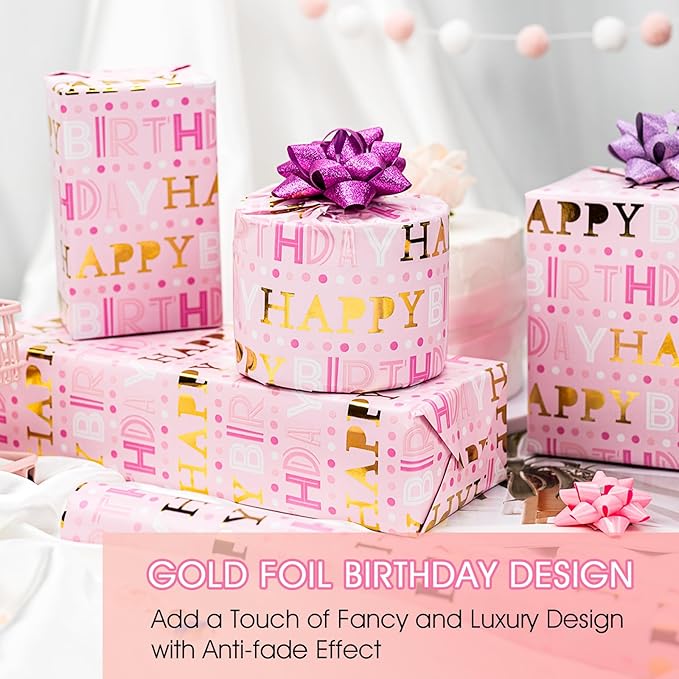 Yarcony Girl Birthday Wrapping Paper, Pink and Gold Wrapping Paper, Gold Foil Girly Happy Birthday Lettering Design Pink Gift Wrap for Girls Women, Baby Shower, Party (Mini Roll, 17 Inch X 16.5 Feet)
