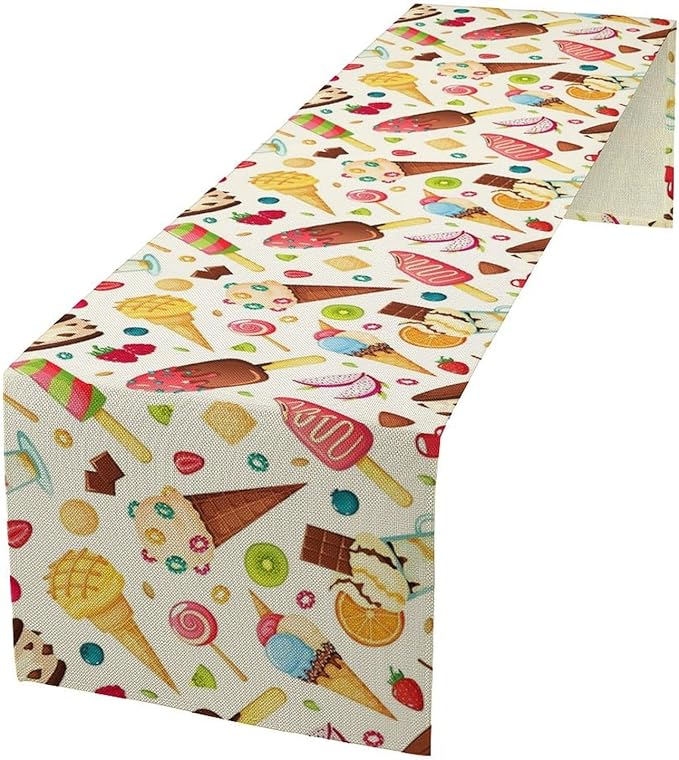 Ice Cream Table Runner, Fruit Ice Popsicles Cold Summer Desserts Seasonal Dinner Runner for Party Holiday Home Kitchen Dining Table Decor 13"x70"