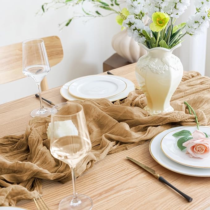 Asee'm 3pcs Cheesecloth Table Runner 120 Inches Long Khaki Boho Gauze Cheese Cloth Runner 10FT Rustic Sheer Table Runners for Christmas Wedding Party Baby Shower Spring Easter Decoration