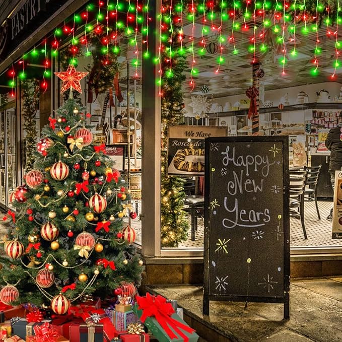 KNONEW 99ft 1216 LED Christmas Lights Outdoor Decorations with 228 Drops, 8 Modes Curtain Fairy Light, Clear Wire LED String Light Decor for Wedding Party Christmas (Red and Green)