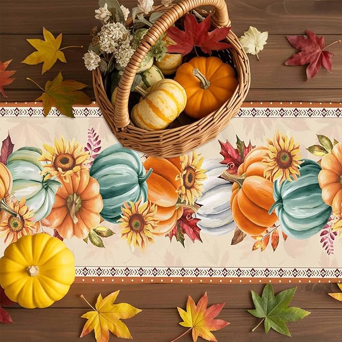 Fall Thanksgiving Southwest Cotton Linen Table Runner for Dining Kitchen, Orange Pumpkins Wedding Outdoor Party Rustic Tablerunners Decoration, Sunflower Dresser Scarf Tablecloth Runners 13x120 Inches