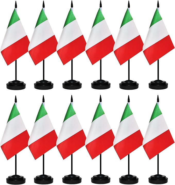 12 Pack Italy Desk Flags Set, Italian Small Mini Table Office Flags With 12" Solid Black Pole, Black Base and Spear Top, Miniature Desktop Flag, Home Decoration, Office Decoration, Festival