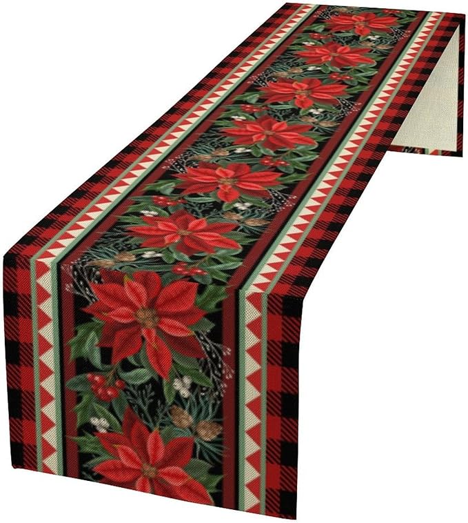 Christmas Table Runner,Seasonal Winter Xmas Holiday Plaid Table Cloth Kitchen Dining Table Decoration for Home Party Decor 13x70 Inch