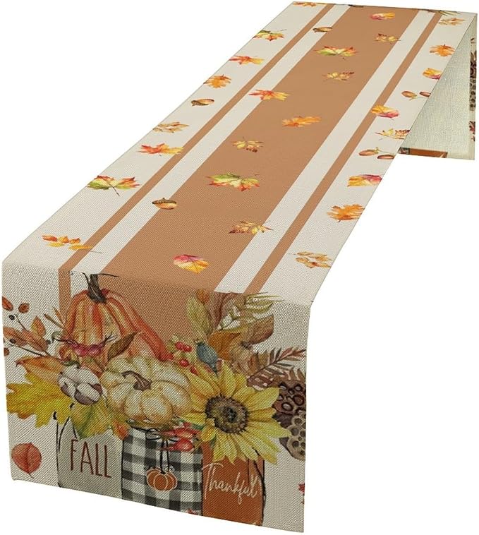 Autumn Table Runner,Thanksgiving Fall Pumpkin Leaves Floral Table Cloth for Kitchen Dining Table Decoration Home Party Decor 13x90 Inch