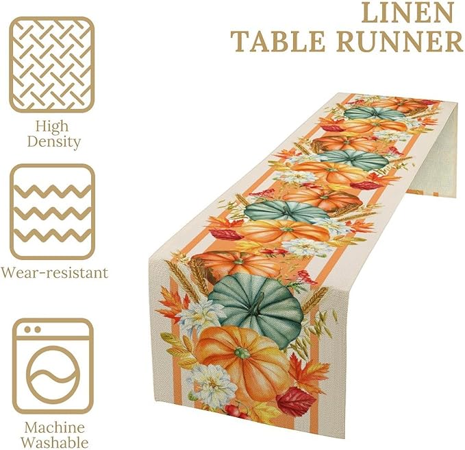 Autumn Table Runner,Orange Pumpkin Flowers Leaves Fall Table Runners Seasonal Kitchen Dining Table Decor for Thanksgiving Harvest Home Holiday Party 13x108 Inch
