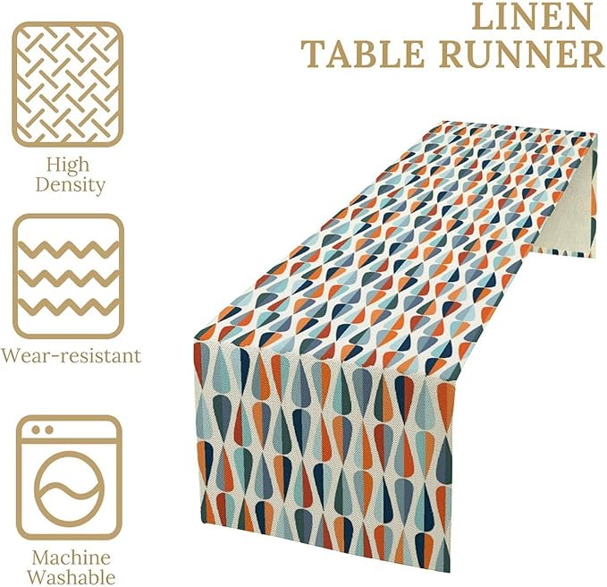 Mid Century Table Runner, Modern Style Retro Pattern Droplet Shapes Mosaic Tones Pattern Print for Home Kitchen Table Decor Dining Coffee Room Party Decor 13x36in