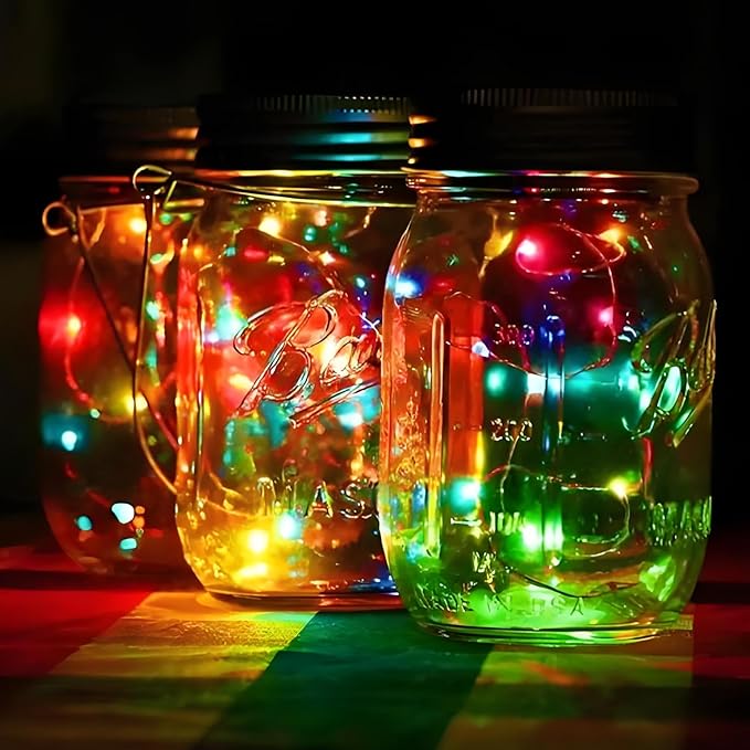 VOOKRY 6 Pack Solar Mason Jar Lights, 30 LED Mason Jar Lids Waterproof Firefly Fairy String Lights with 6 Hangers(No Jars), for Outdoor Patio Garden Yard Lawn Party Wedding Decoration - Multicolor