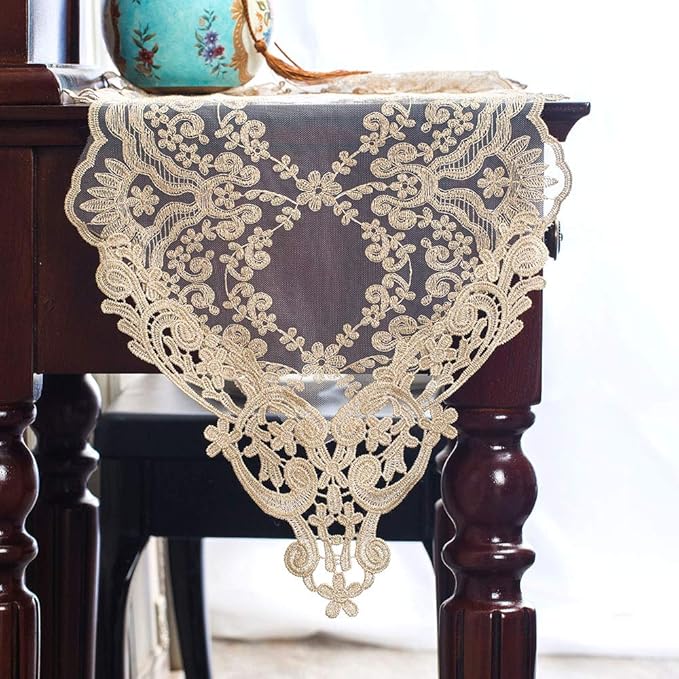 ARTABLE Rectangle Table Runner Lace Macrame Embroidered Table Runners with Exquisite Vintage Shabby Chic for Holiday Wedding Long Dinner Tables (Light Gold, 12 x 60 Inch)