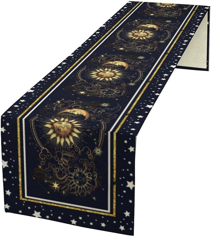 Sun Moon Table Runner, Seasonal Golden Sun Moon Holiday Kitchen Dining Table Runner for Kitchen Living Room Home Party Decor 13x36 Inch