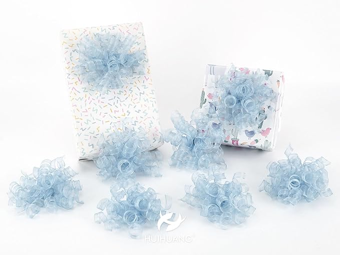 HUIHUANG Blue Bows for Gift Wrapping Burst Curly Gift Bows 5 inch x 8 Counts Self-Adhesive Curly Ribbon Bow for Presents, Treat Bags, Baby Shower Favors, Wrapping Accessories, Party Decor