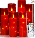 Red Flameless Candles with Remote and String Light, 2.2"x 5",5",6",7",7",8" LED Battery Operated Plastic Flickering Timer Pillar Candles(Pack of 6,Turn On/Off String Light Mode)
