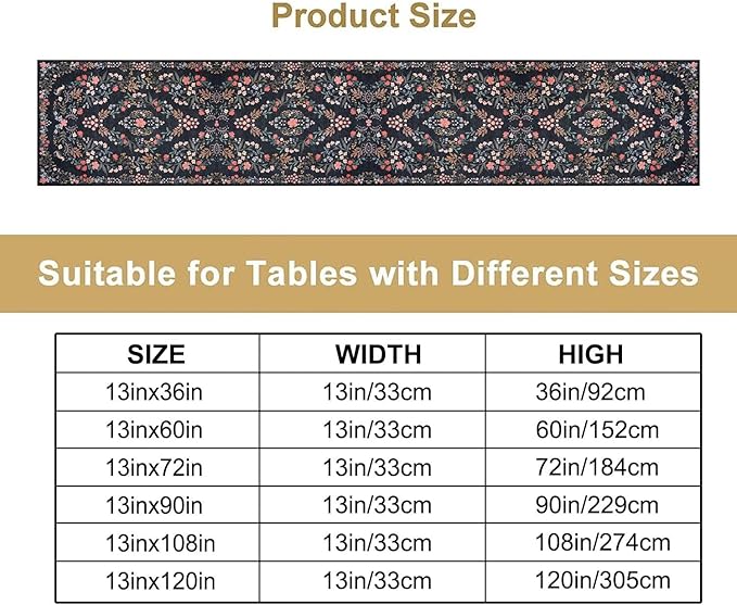 Morris Flower Table Runner, Vintage Blue Floral Rustic Country Style Floral Print Pattern for Home Kitchen Table Decor Dining Coffee Room Garden Party Decor 13x108in