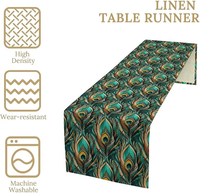 Peacock Feather Table Runner,Retro Aesthetic Green Table Runner for Home Kitchen Dining Party Indoor Outdoor Decoration 13x90 Inch