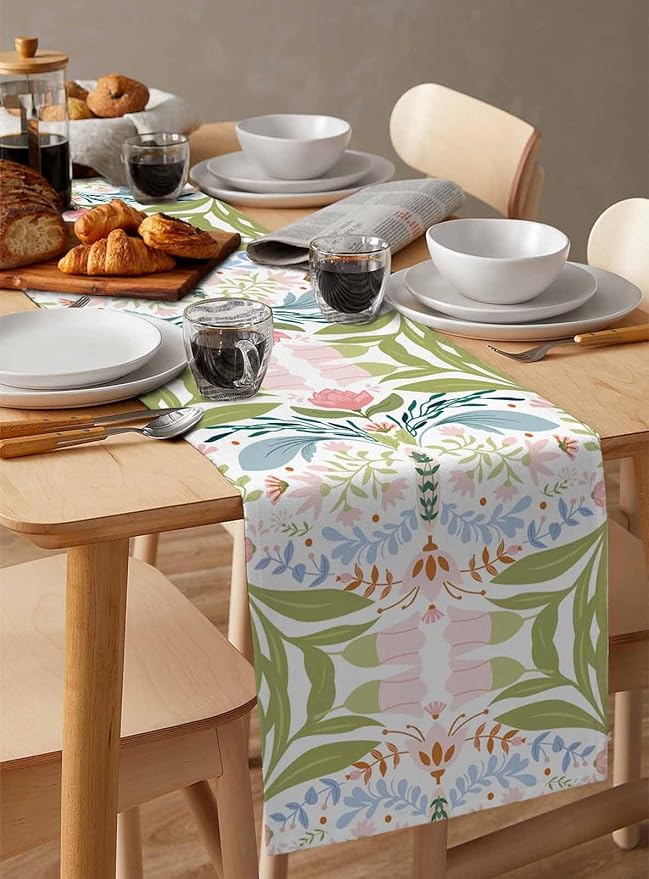 Green Blue Pink Boho Floral Cotton Linen Table Runner for Dining Kitchen, Wedding Outdoor Party Tablerunners Decoration, Retro Bohemian Botanical Dresser Scarf Coffee Tablecloth Runners 13x108 Inches