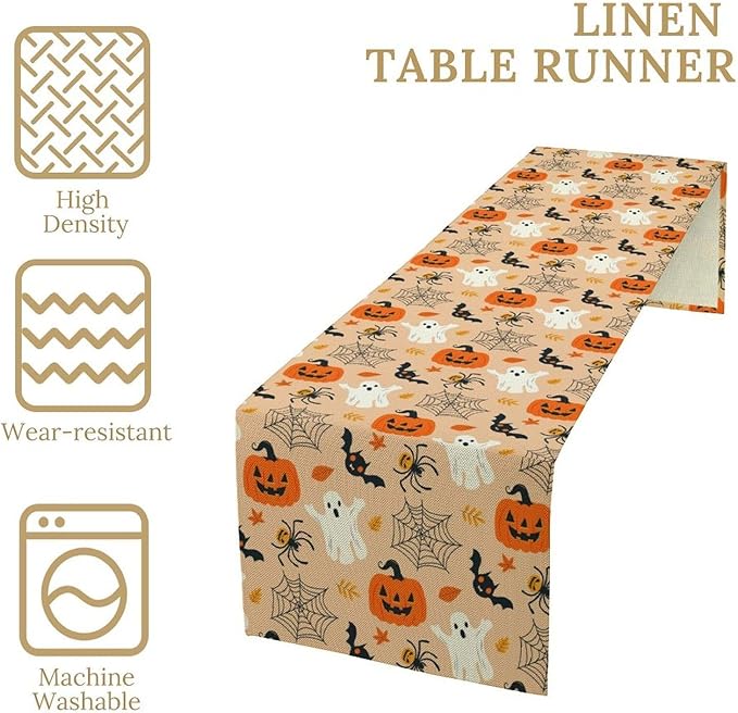 Halloween Table Runner,Cute Ghost Pumpkin Leaves Table Runner for Kitchen Dining Table Decoration Home Party Decor 13x70 Inch