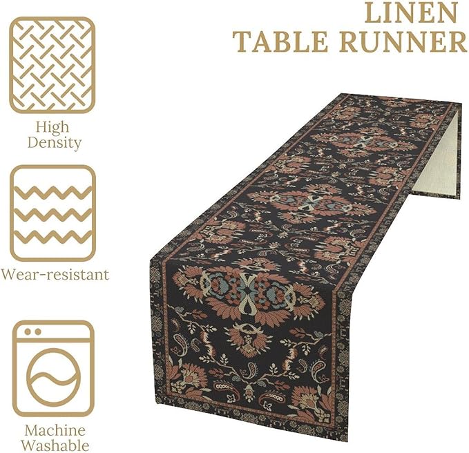 Boho Paisley Farmhouse Table Runner, Vintage Red Blue Retro Flower Rustic Country Style Floral Print Pattern for Home Kitchen Table Decor Dining Coffee Room Garden Party Decor 13x36in