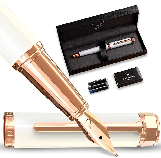 Ellington Pens Luxury Fountain Pen Set- Fountain Pens for Writing - Smooth Fine Nib - Includes Refillable Ink Converter, 3 Ink Cartridges [Black & Blue], Gift Box - Elegant Calligraphy