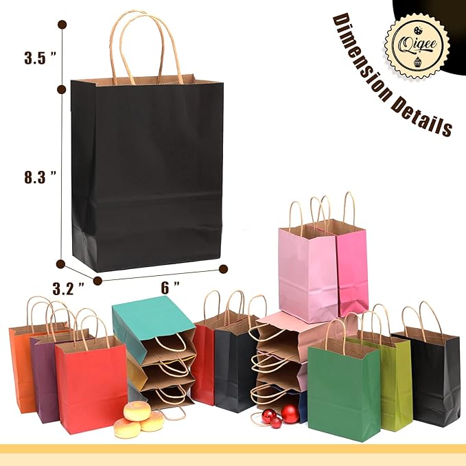 qiqee Small Size Paper Gift Bags With Handles 8.3"x6"x3.15" 16 Solid Colors Party Favor Bags（16-Packs）