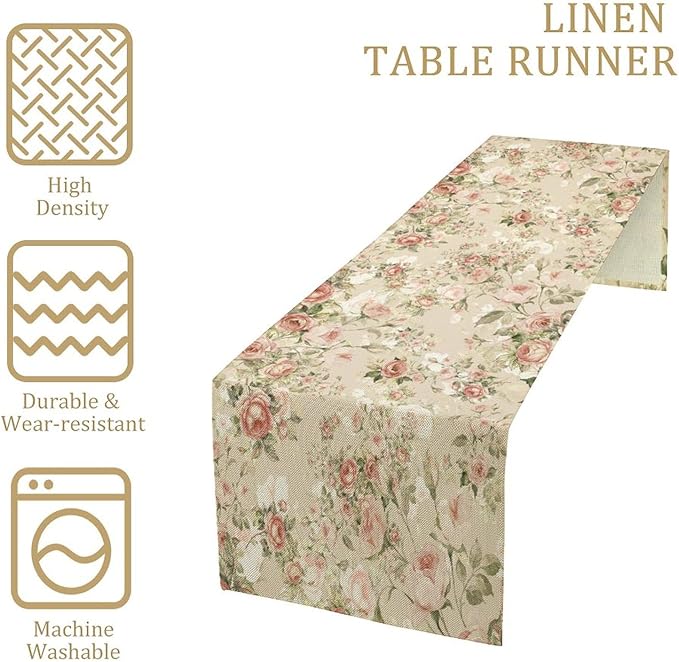 Lovely Rose Table Runner, Red and White Vintage Rose Delicate Floral Natural Pattern Long Table Restaurant Kitchen Holiday Party Decoration,13in（33cm） W * 60in（152cm） L