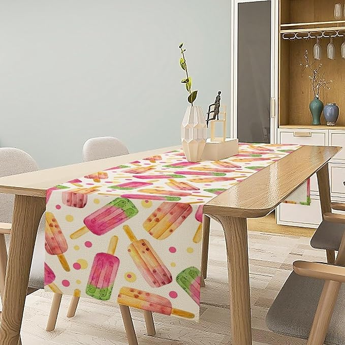 Ice Cream Popsicles Table Runner, Watercolor Summer Seasonal Fruit Peach Kiwi Berry Popsicles Orange Pink Sweet Dessert Dinner Runner for Party Holiday Home Kitchen Dining Table Decor 13"x36"