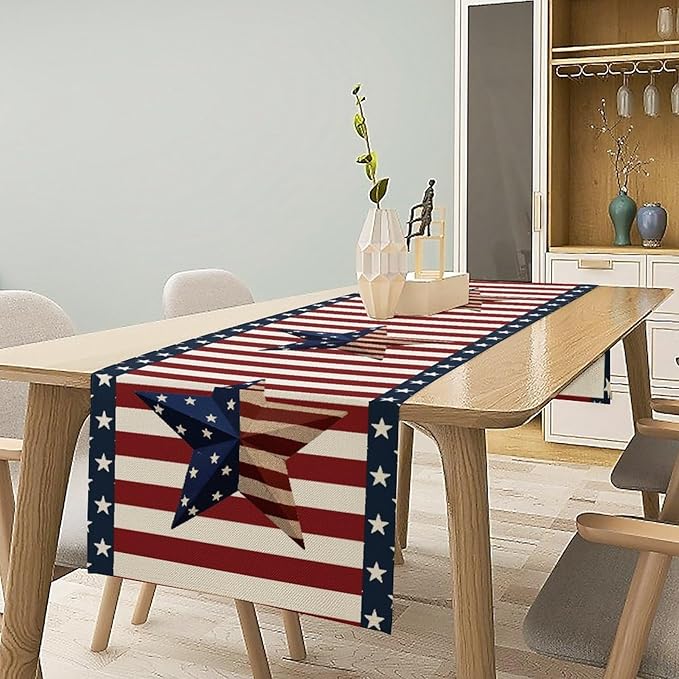 4th of July Table Runner, Patriotic Independence Day American Stars Stripes Flag Print Table Runner for Farmhouse Kitchen Dining Holiday Birthday Party, 13x60inch