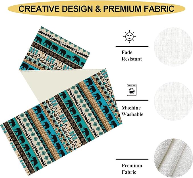Boho Table Runner, Rustic Aztec Blue Teal African Elephant Tribal Ethnic Native Farmhouse Table Center Decor For Home Kitchen Dining Patio Holiday Party Indoor Outdoor Table Decorations, 13"x108" Inch
