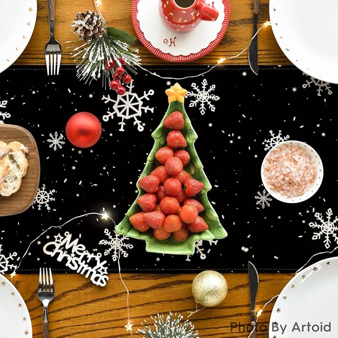 Artoid Mode Black Snowman Snowflake Let it Snow Winter Table Runner, Christmas Kitchen Dining Table Decoration for Home Party Decor 13x120 Inch