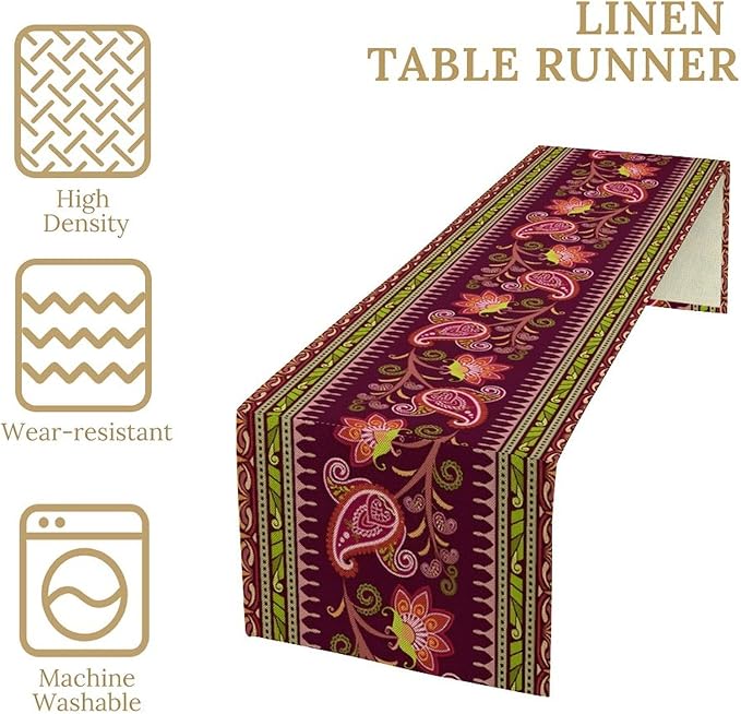 Dark Red Paisley Table Runner, Vintage Boho Paisley Flowers Geometric Print Table Cover for Farmhouse Wedding Party Home Kitchen Dining Table, 13x90inch